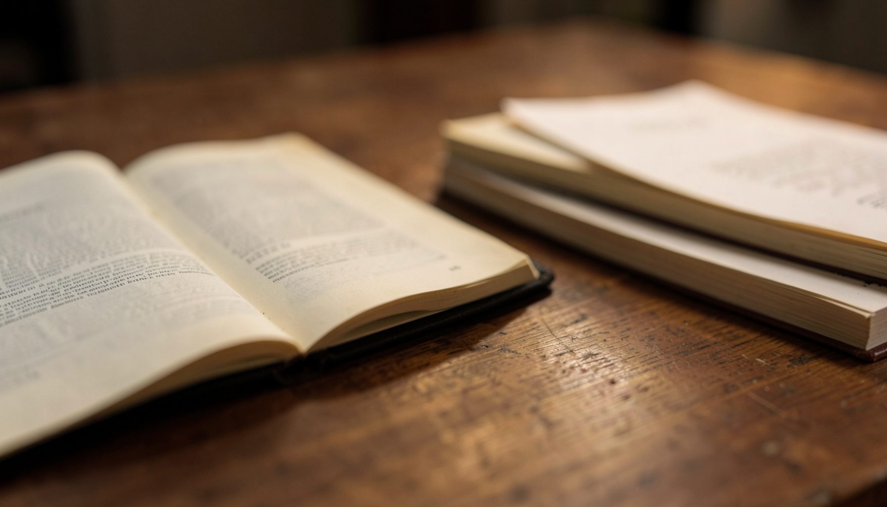 Open book and stack of papers on a worn wooden table, close-up, warm brown tones, studious mood