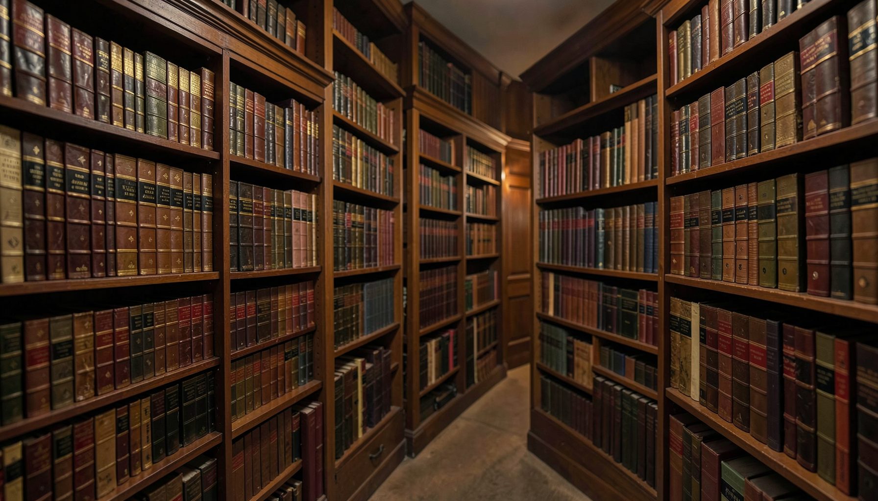 Wide library corridor with tall wooden shelves full of antique books, warm brown tones, quiet scholarly mood