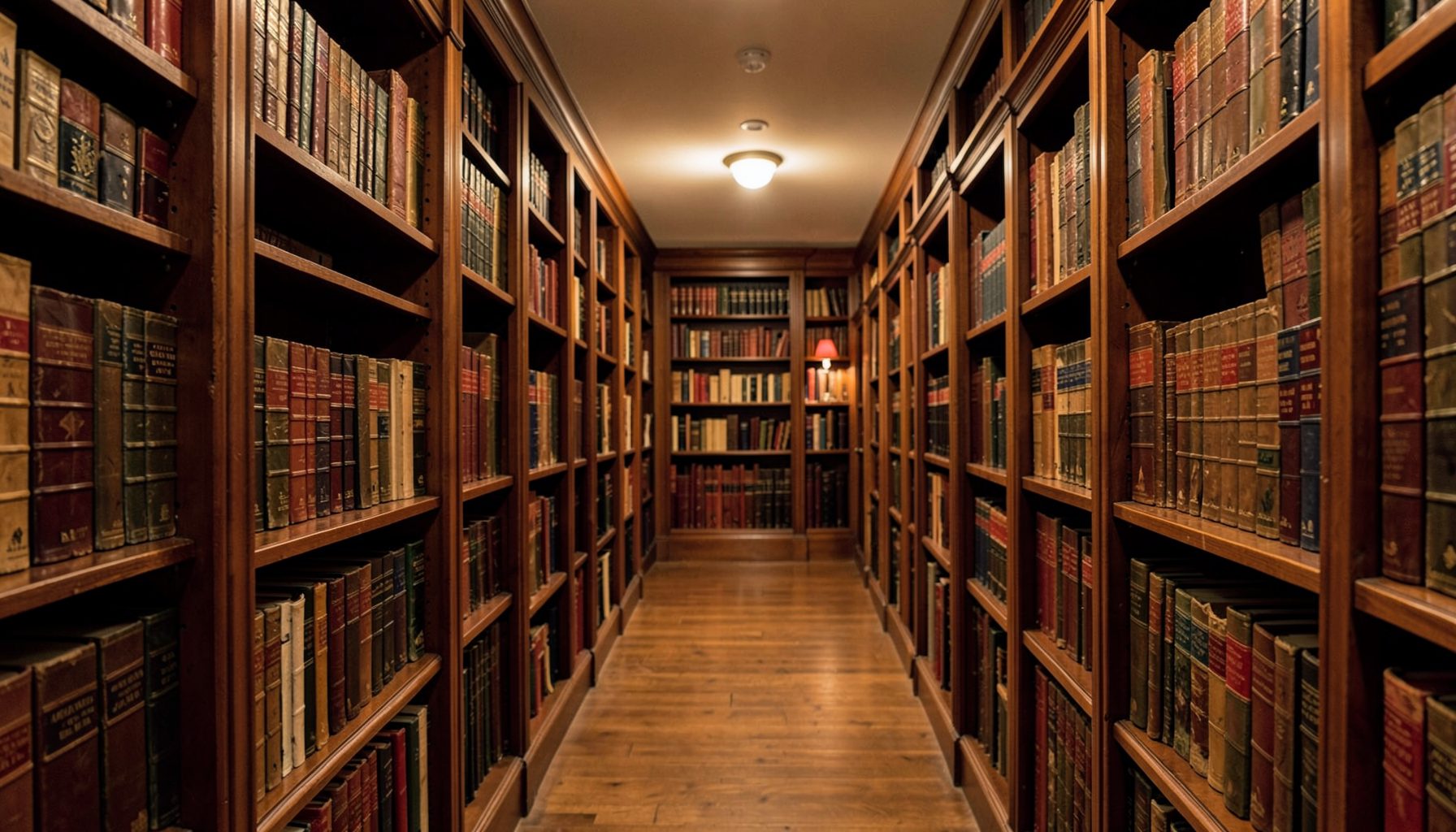 Warmly lit corridor with tall wooden bookshelves and antique volumes, rich brown tones, quiet scholarly atmosphere