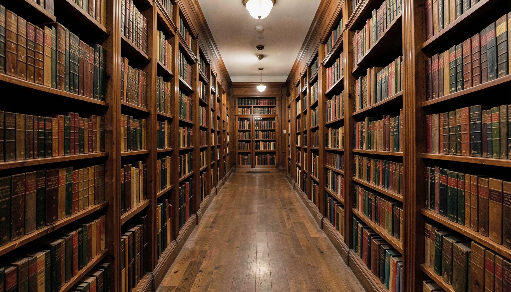 Wide library corridor with tall wooden shelves full of antique books, warm brown tones, quiet scholarly mood