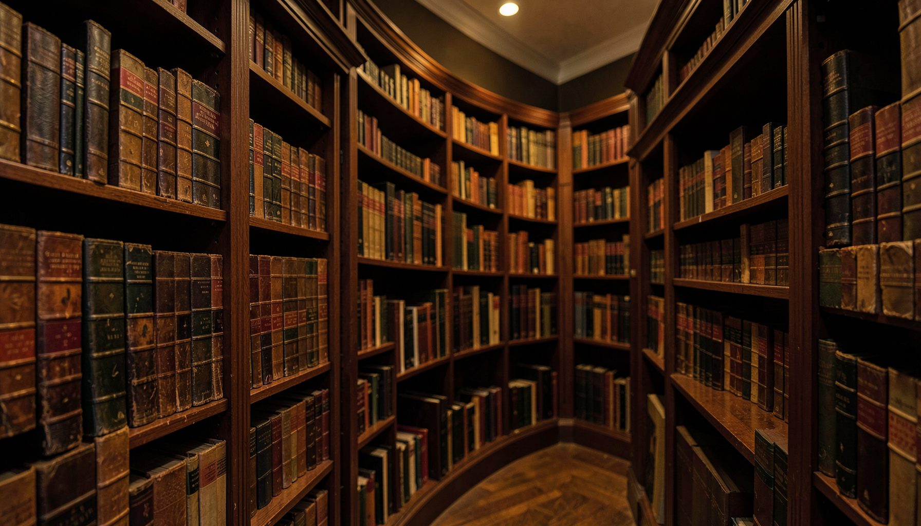 Warmly lit library interior with rows of old leather-bound books on dark wooden shelves, deep brown and amber tones, quiet scholarly atmosphere