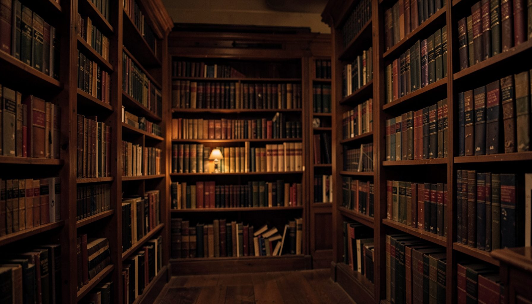 Narrow library aisle lined with old leather-bound books on wooden shelves, warm lamp light, cozy atmosphere