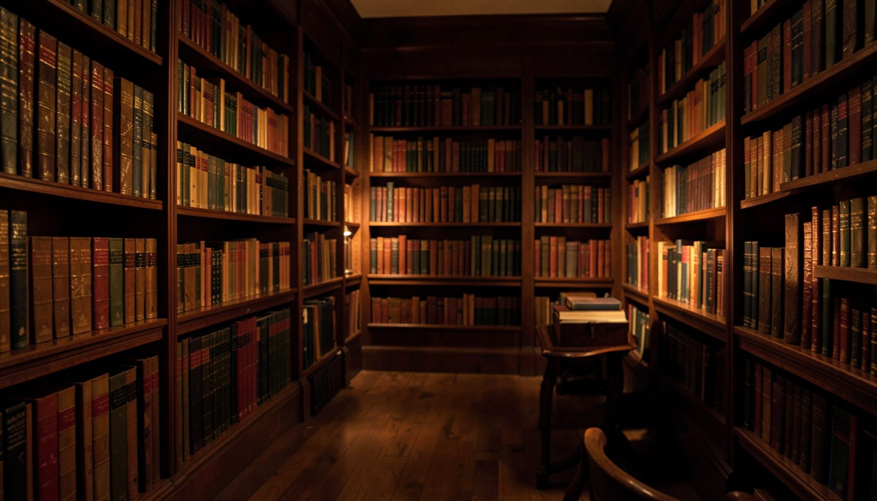 Interior of a wood-paneled library lined with shelves of old books, warm dim lighting, quiet studious mood